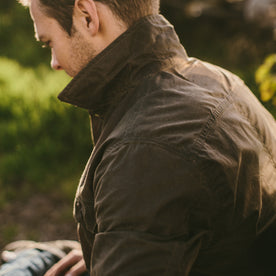 Fit model in his backyard , Outerwear by Taylor Stitch