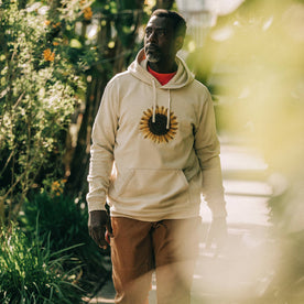 fit model wearing The Fillmore Hoodie in Sunflower Embroidery, Knits by Taylor Stitch