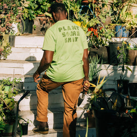 fit model showing back print of The Heavy Bag Tee in Chlorophyll, Knits by Taylor Stitch