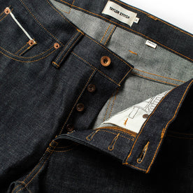 material shot of the waist of The Democratic Jean in Natural Indigo Selvage, Bottoms by Taylor Stitch