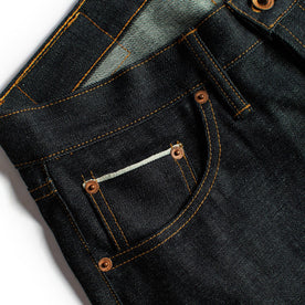 material shot of the pockets and hardware on The Democratic Jean in Natural Indigo Selvage, Bottoms by Taylor Stitch