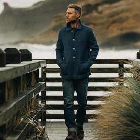 fit model wearing The Ojai Jacket in Washed Indigo Sashiko outdoors, Outerwear by Taylor Stitch