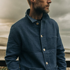 fit model wearing The Ojai Jacket in Washed Indigo Sashiko, Outerwear by Taylor Stitch