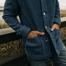 fit model wearing The Ojai Jacket in Washed Indigo Sashiko with his hands in his pockets, Outerwear by Taylor Stitch