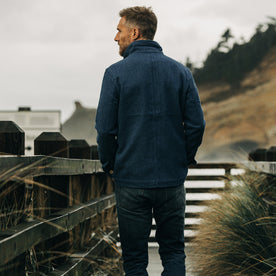 fit model wearing The Ojai Jacket in Washed Indigo Sashiko, shown from the back, Outerwear by Taylor Stitch