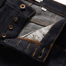 material shot of the button fly on The Slim Jean in Kuroki Welterweight Slub, Bottoms by Taylor Stitch