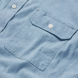 material shot of the front pocket on The Chore Shirt in Washed Indigo Boss Duck, Wovens by Taylor Stitch