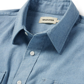 material shot of the collar on The Chore Shirt in Washed Indigo Boss Duck, Wovens by Taylor Stitch