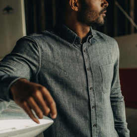 fit model standing wearing The Jack in Navy Herringbone, Wovens by Taylor Stitch