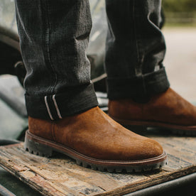 fit model wearing The Ranch Boot in Redwood Waxed Suede, looking right, Footwear by Taylor Stitch