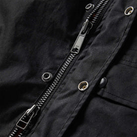 material shot of the zipper for The Clutch Jacket in Coal EverWax, Outerwear by Taylor Stitch