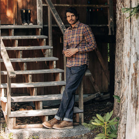 fit model leaning against the stairs wearing The Democratic Jean in Cone Mills Cordura Denim, Bottoms by Taylor Stitch