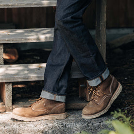 fit model showing the selvage detail on The Democratic Jean in Cone Mills Cordura Denim, Bottoms by Taylor Stitch