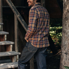 fit model walking up the stairs in The Democratic Jean in Cone Mills Cordura Denim, Bottoms by Taylor Stitch