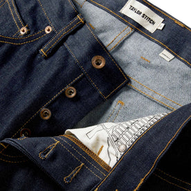 material shot of the button fly on The Democratic Jean in Cone Mills Cordura Denim, Bottoms by Taylor Stitch