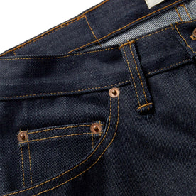 material shot of the fifth pocket on The Democratic Jean in Cone Mills Cordura Denim, Bottoms by Taylor Stitch