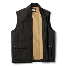 flatlay of The Ignition Vest in Coal Dry Wax open, Outerwear by Taylor Stitch