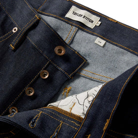 material shot of the button fly on The Slim Jean in Cone Mills Cordura Denim, Bottoms by Taylor Stitch