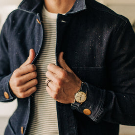 our fit model rocking The Ojai Jacket in Indigo Herringbone—cropped shot of chest, Outerwear by Taylor Stitch