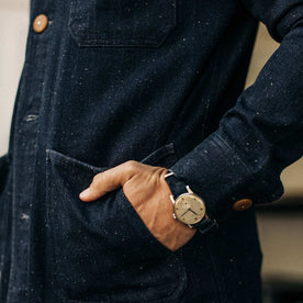 our fit model rocking The Ojai Jacket in Indigo Herringbone—cropped shot of pockets , Outerwear by Taylor Stitch