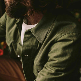 our fit model wearing The Long Haul Jacket in Washed Olive Herringbone, Outerwear by Taylor Stitch