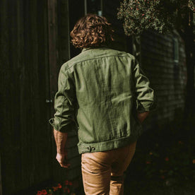 our fit model wearing The Long Haul Jacket in Washed Olive Herringbone, Outerwear by Taylor Stitch