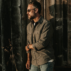 our fit model wearing The Yosemite Shirt in Slate, Wovens by Taylor Stitch