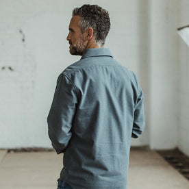 our fit model wearing The Yosemite Shirt in Slate, Wovens by Taylor Stitch