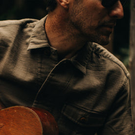 our fit model wearing The Caravan Shirt in Walnut Double Cloth—cropped shot of chest, Wovens by Taylor Stitch