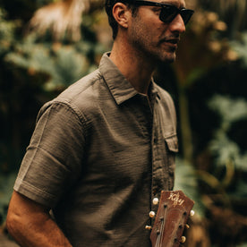 our fit model wearing The Caravan Shirt in Walnut Double Cloth—walking right, cropped shot, Wovens by Taylor Stitch