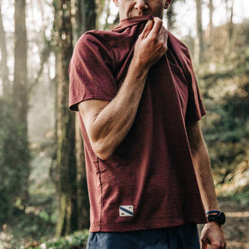 fit model wearing The Merino Tee in Wine, taking a breather, Knits by Taylor Stitch