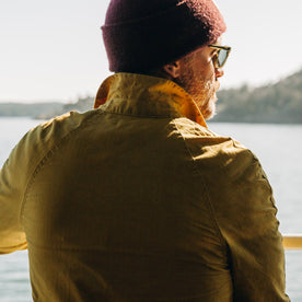 fit model wearing The Lombardi Jacket in Mustard Dry Wax, back, Outerwear by Taylor Stitch