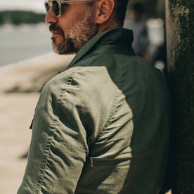 fit model wearing The Lombardi Jacket in Olive Dry Wax,back, Outerwear by Taylor Stitch