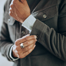 our fit model wearing The Long Haul Jacket in Ash Sashiko—cropped shot of wrist, Outerwear by Taylor Stitch