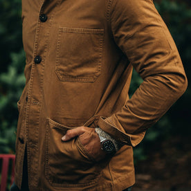 our fit model wearing The Ojai Jacket in Tobacco—hands in pockets, Outerwear by Taylor Stitch