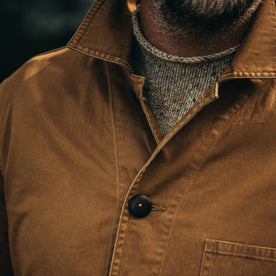 our fit model wearing The Ojai Jacket in Tobacco—cropped shot of chest, Outerwear by Taylor Stitch