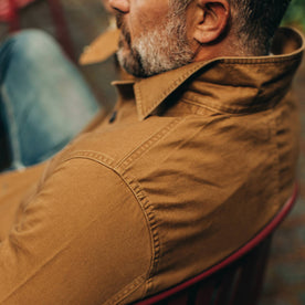 our fit model wearing The Ojai Jacket in Tobacco—cropped shot of shoulder, Outerwear by Taylor Stitch