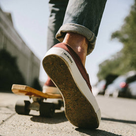 fit model wearing The Sano Slip-On in Rust Boss Duck, skating, Footwear by Taylor Stitch