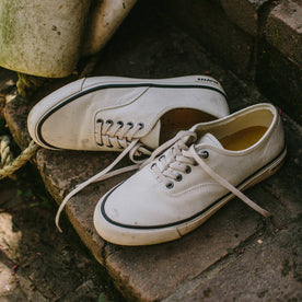 material shot of fit model wearing The Vista Sneaker in Natural Boss Duck, on steps, Footwear by Taylor Stitch