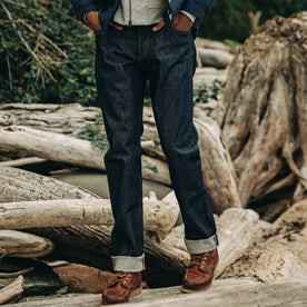 fit model wearing The Democratic Jean in Cone Mills Reserve Selvage, waist down shot, Denim by Taylor Stitch