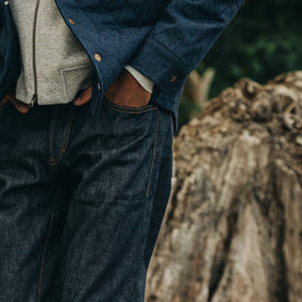 fit model wearing The Democratic Jean in Cone Mills Reserve Selvage, hand in pocket, Denim by Taylor Stitch