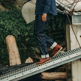 fit model wearing The Democratic Jean in Cone Mills Reserve Selvage, bottom half of body shot, Denim by Taylor Stitch